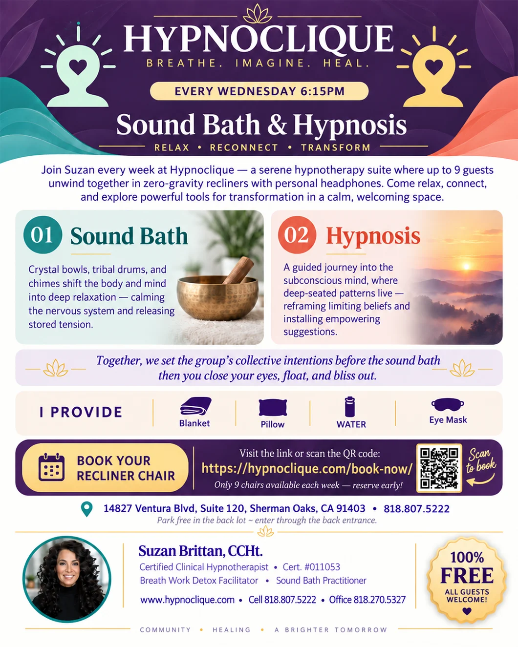 flyer about sound baths and hypnosis services